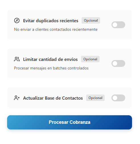 Opciones de envío y botón Procesar Cobranza